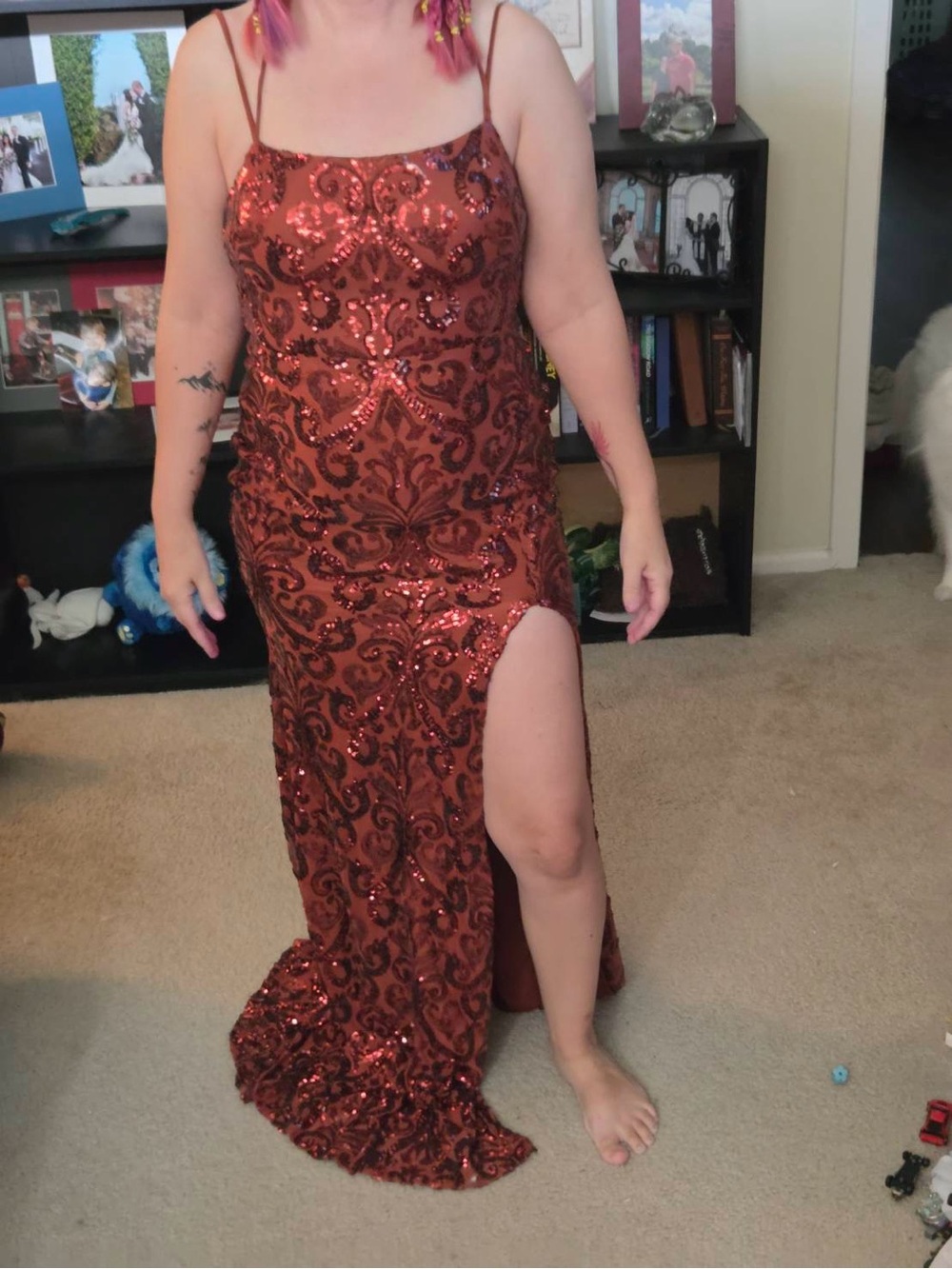 Windsor Copper Red Sequin Slit Prom Dress